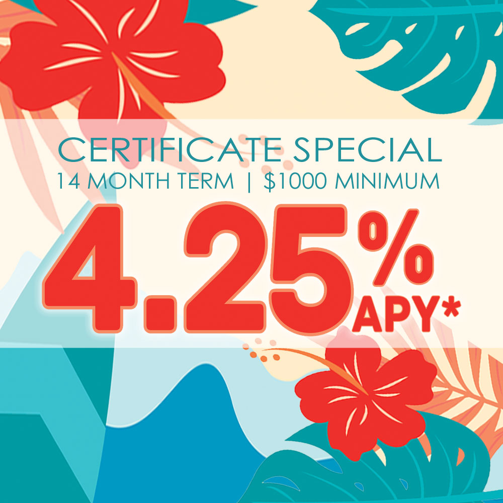 Certificate Special 4.25% APY For A 14 Month Term $1000 Minimum